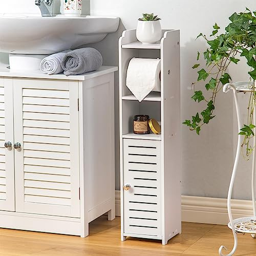 AOJEZOR Toilet Paper Holder Stand: No Drill PVC Small Bathroom Cabinet for Apartment Dwellers - Rental Deposit Protection - Small Space Storage Saving