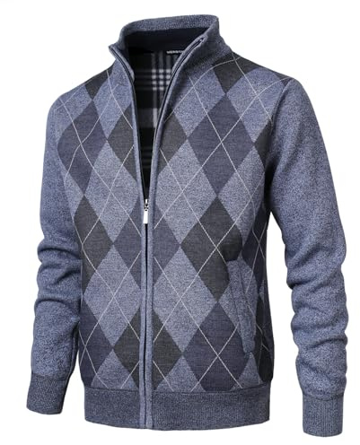 Herothorn Men's Argyle Cardigan Classic Full Zip Diamond Knitwear Fleece Lined Jumper Fine Knit Sweater with Pockets for Autumn Winter Navy Blue