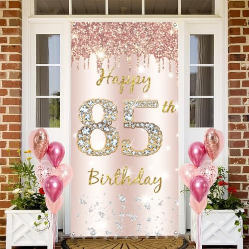 85. Geburtstag Deko Frauen, Happy 85th Birthday Door Banner Roségold Stoff Schild Plakat Türdekoration, 85. Geburtstag Hintergrund Banner Damen, Geburtstagsfeier Willkommensschild