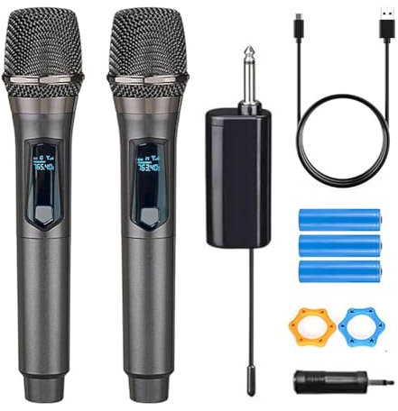 HUACAM Micrófono inalámbrico, micrófono inalámbrico Dual UHF Recargable, micrófono Dual inalámbrico dinámico portátil para Canto Karaoke, Boda, DJ, Fiesta, discurso, Iglesia, Uso en Clase, PA