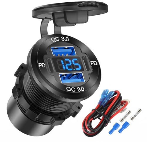4-porte USB C Presa 12V Caricabatterie auto in alluminio con 78W doppio PD e QC porta U-S-B multipla, Sostituzione accendisigari USB C Prese 12 Volt con Voltmetro Impermeabile per barca, moto, camper