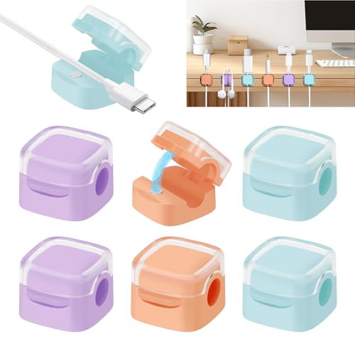 Farerkass 6 PCS Clips Cable, Clip Cable de Gestion de Câbles Magnétiques, Support Cable, Attache Cable Adhesif Phone Usb Charger Holder for Home Office Desk Car Nightstand, Orange+Violet+Bleu