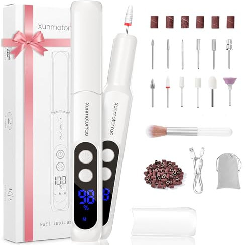 XunmotorYao Fresa per Unghie Professionale Intelligente Led Portatile Manicure e Pedicure Elettrico Unghie Portatile Fresa Trapano Chiodo per Casa e Salone Set,Bianco