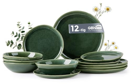 GBHOME Stoneware Dinner Set for 4People, 12 Pieces Handcrafted Plates and Bowls Set, Reactive Glaze Dinner Sets for 4 PeopleDinnerware Set, Dishwasher & Microwave Safe Crockery Set