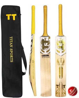 Titan English Willow Divine Cricket Bat – Full Size Short Handle – Lightweight & Handcrafted for Power and Control – Ideal for Club & League Play - Chrome Gold- English Willow 1