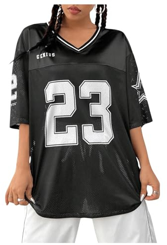 GORGLITTER Women's Oversized T Shirts Letter Number Jersey Shirts Mesh V Neck Half Sleeve Drop Shoulder Loose Tops
