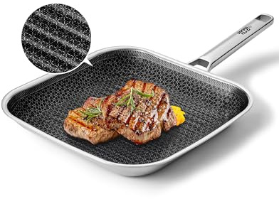 SNOWCLAD Nonstick Grill Pan,12 Inch Square Steak Grilling Pan for Indoor Cooking & Outdoor Grilling, Non Stick Stainless Steel Grill Skillet Steak Pan, PFOA Free cookware