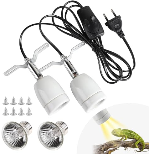 CPROSP Lámpara UVB para Tortuga de Dos Cabezas, Lámpara de Calor de Cerámica para Reptiles, con 2 E27 Ampoule, Soporte Ajustable, Doble Interruptor, Câble et Fiche de 1,8 m