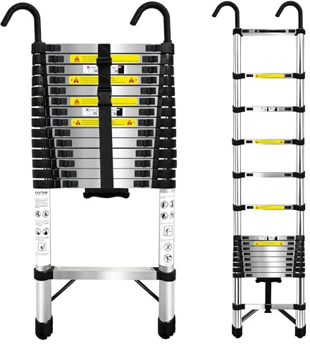 Échelle télescopique de 5,1 mètres avec crochets renforcés, extra haute anti-oscillation avec extension, échelle pliable à retrait lent anti-pincement de 150 kg pour bâtiment de 2 à 3 étages