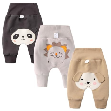 ACMEDE Pantaloni per bambini 3-6-12 Mesi-4 anni, Set di 3 Pantaloni per il tempo libero in cotone per bambini ragazzi Pantaloni a sbuffo con ricami di animali, pantaloni casual con vita larga e