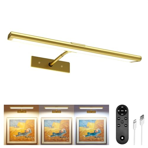 Lampe de tableau sans fil, 4800 mAh, rechargeable, lumière magnétique réglable à 180 ° avec minuterie, applique murale LED pour photos, cible de fléchettes, œuvres d'art, galerie - Doré