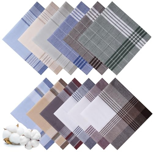 Ahardaim 12 Pcs Handkerchiefs for Men, 100% Soft Cotton Men's Handkerchiefs with Check, Large Classic Hankies for Men (16 x 16 Inch)