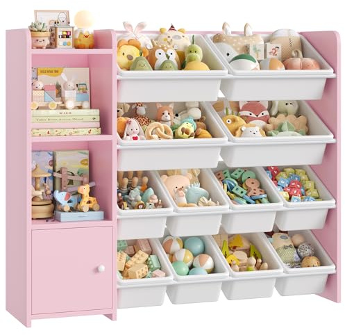 FOREHILL Porta Giochi Bambini, Organizer Giocattoli con 12 Scatole Contenitori, Scaffale Portagiochi Bambini con Scomparti Aperti, Mobile Porta Giochi, per Cameretta, 112,5x30x100cm (Rosa)