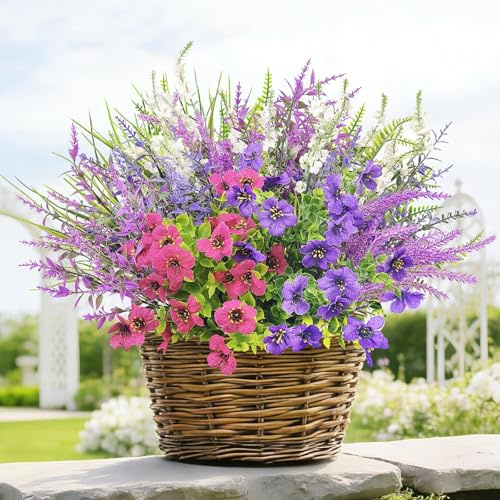 SHEPIN 12 Bündel Kunstblumen für Draußen, Künstliche Blumen Outdoor Wetterfest Balkonpflanzen Petunien Balkonblumen Seidenblumen Wie Echt Kunstpflanze (Roter Lotus,Weiß)