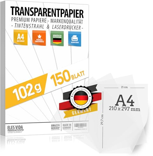 150 hojas de papel DIN A4 transparente PREMIUM 102g para autoimpresión, manualidades - papel de farolillo - de calco, película de transferencia para tarjetas de lugar linterna