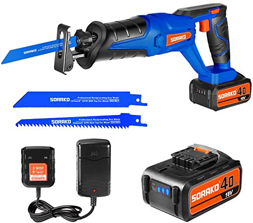 SORAKO sierra sable electrica, 18V, con batería de 4,0 Ah ，sierra recíproca de velocidad variable de 0-3000 SPM，cargador,2 cuchillas，ideal para cortar madera y metal, podar