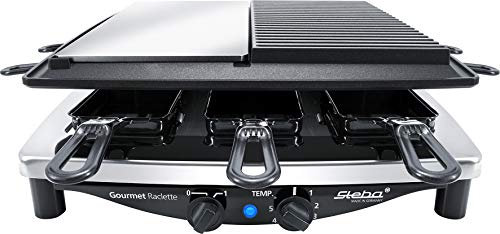 Steba RC 8 Steel Deluxe | Made IN Germany | Wendbare Edelstahl-Grillplatte (29,5 x 14cm) Antihaftbeschichtete-Druckguss-Grillplatte (29 x 14,5cm) | 8 emaillierte Pfännchen | Temperatur regelbar