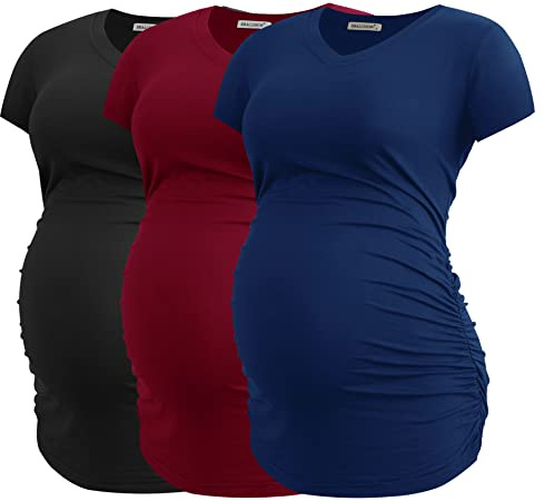 Smallshow kvinnors V hals graviditet kläder toppar sida Ruched graviditet T-shirt 3-pack,Black-Navy-Wine,S