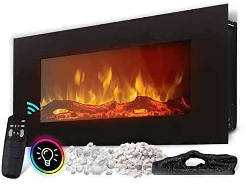 Heidenfeld Elektrokamin HF-WK300 - 𝟯 𝐉𝐀𝐇𝐑𝐄 𝐆𝐀𝐑𝐀𝐍𝐓𝐈𝐄 - 1500 Watt - LED Kamin mit 10 Farben - Fernbedienung - 3D Flammeneffekt - Wandkamin - Kaminofen (Schwarz 107.0 x 55.0 cm)