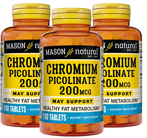 Mason Natural Chromium Picolinate 200 mcg with Calcium, Supports Normal Metabolism, 100 Tablets (Pack of 3)
