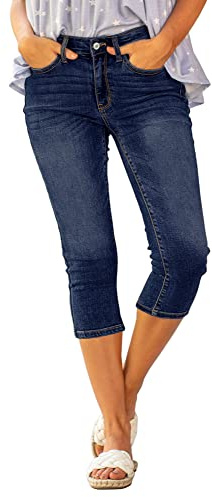 Roskiky Jean capri pour femme Taille haute Skinny Ripped Jean Denim Pantalon, B-cobalt bleu nuit, L