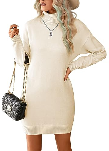 JFAN Vestido de Punto para Mujer on Cuello Alto Vestidos de Jersey Elegantes de Invierno Midi Vestidos Casual para Mujer Beige M