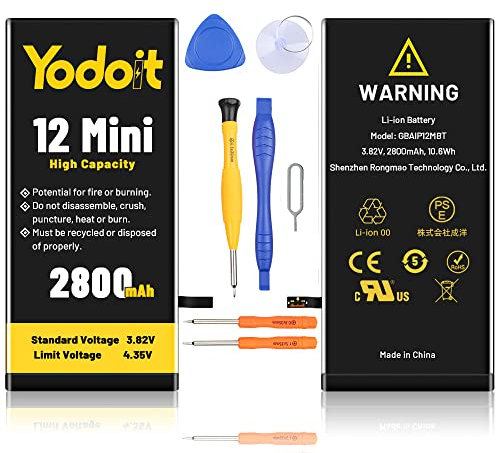 Yodoit Batterie 2800 mAh pour iPhone 12 Mini, Batterie de Rechange Grande Capacité, 0 Cycles pour Modèle A2176, A2398, A2399, A2400