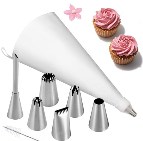 Spritzbeutel Set 9 teilig mit Spritzbeutel, mit 6 Stück Tüllen, Wiederverwendbar Edelstahl Silikon Spritztüllen, Backzubehör für Torten und Gebäck, Zum Dekorieren von Kuchen,Keksen und Cupcakes