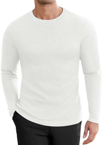 Ekouaer Men's Long Sleeve Shirts Honeycomb Waffle Pullover Sweater Crewneck Thermal Tops Lightweight Undershirts White XL