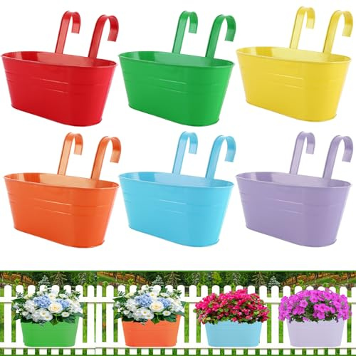 APACALI 6 macetas colgantes de metal, 28 cm, macetas para colgar, con gancho extraíble para balcón, valla, jardín, 6 colores