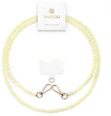 ONEFLOW Pärlor Mobilkedja Universal för att bära runt halsen, mobilband för fodral, glitterpärlkedja utan mobilskal, avtagbar med karbinhake för alla smartphones, Chainless Paradise Pearls, beige