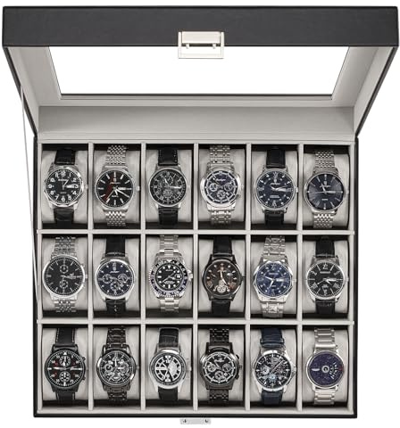 ProCase Caja Organizadora de Relojes 18 Ranuras, Estuche Joyero con Tapa de Cristal, Vitrina de Almacenamiento para Relojes, Pulseras y Joyas, Regalo Elegante para Hombres y Mujeres- Negro