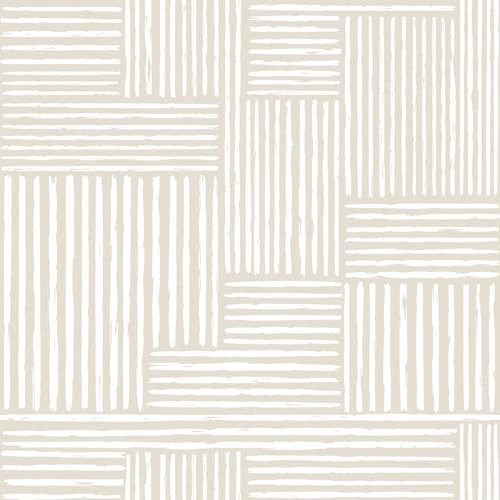 VEELIKE Papel Pintado Geométrico Minimalista Beige Blanco Papel Pintado Pared Geometrico Líneas Rectas Abstractas Bohemio Fotomurales Decorativos Pared Salón Dormitorio Extraíble 44.5 cm × 300 cm