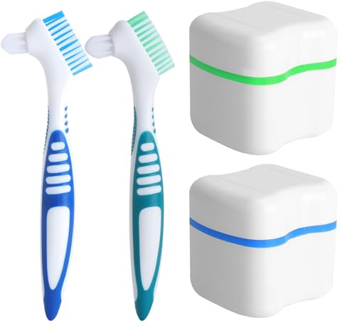 Caja dentadura postiza con cepillo – Set de 2 cajas portátiles sin BPA con cepillos de limpieza, almacenamiento higiénico y seguro para dentaduras, férulas y aparatos dentales de viaje
