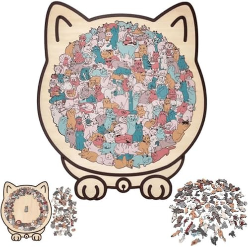 Puzzle en bois coloré en forme de chat de 135 pièces, puzzle en bois en forme de chat encadré, décoration d'intérieur (type C)
