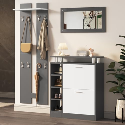 Set di appendiabiti da parete con specchio e scarpiera, pannelli appendiabiti con gancio e ripiano, mobili da corridoio per ingresso, salvaspazio 80 x 25 x 96,5 cm, grigio antracite opaco