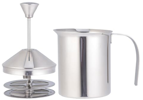 SHINEOFI Montalatte Manuale in Acciaio Inox 304 Doppia Rete Schiumatore Portatile per Latte 400 Cc Bricco per Cappuccino Adatto a Uso Domestico e Bar