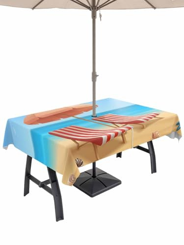 Outdoor Tablecloth with Umbrella Hole&Zipper-Rectangle 60x84in Tablecloths,Summer Beach Loungers Blue Sky Waterproof Table Cloth Table Cover for Patio Garden Tables Decor Seaside Sea Star Shells