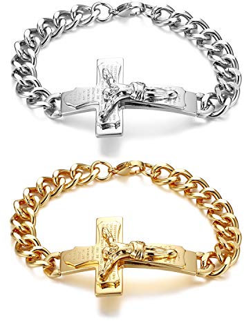 JewelryWe Schmuck 2pcs Retro Herren Armband Edelstahl Kreuz Rood Jesus Kruzifix Bibel Gebet Englisch Panzerarmband Panzerkette Armkette Silber Gold Ostern Geschenk