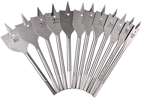 Juego de brocas de pala KATUR de 12 piezas, broca de acero al carbono, broca de madera plana, juego de brocas de paleta de tres puntos gris para carpintería (diámetro de 12-40 mm)