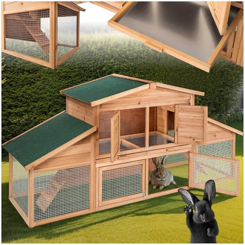 tectake® Clapier Lapin Exterieur Cage Lapin & Autres rongeurs Poulailler pour Poules en Bois imperméable avec Parc XXL au Sol sans Fond et 2 Tiroirs à déjection, 4 Portes verrouillables