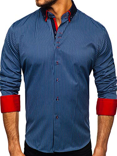 BOLF Hombre Camisa de Manga Larga con Rayas Cuello Americano Camisa de Algodón Slim fit Estilo Casual 2751 Azul Oscuro L [2B2]