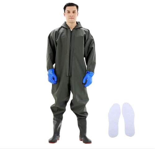 QTDZ Outdoor wasserdichte Watthosen mit Regenkappe Jacke, Weich und rutschfest Watstiefel Anglerhose PVC Gummistiefel Dauerhaft Boot Schuhe für Herren Damen,B,42 EU