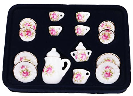WANGCL Miniatur-Tee-Set, 15-teilig, Porzellantassen, Puppenhaus-Zubehör für 1/12 Barbie, Lundby Miniatur