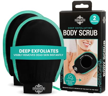 Dermasuri Deep Exfoliating Glove - Polishing Body Scrub Gloves & Tan Remover - Korean Exfoliating Mitt & Skin Cleaner - Stocking Stuffer Gifts for Women & Men - Keratosis Pilaris Exfoliator - 2 Pack