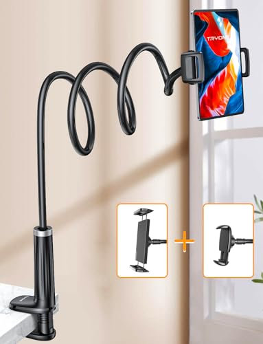 TRYONE Gooseneck Phone Holder Tablet Stand for Bed [Swivel Base] Adjustable Lazy Arm with 2 Clips Phone Tablet Holder Desk Mount Compatible iPad Pro Air Mini iPhone,Tabs,Fire, Switch All 4-13 Device