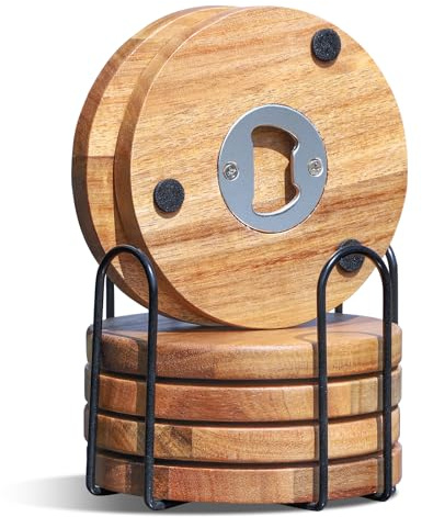 WLWNWFT Wood Coasters for Drinks with Bottle Opener Holder Set of 6, Acacia Wooden Coasters for Coffee Table Dining Table Desk with Non-Slip Pad Cup Coasters for Home Office Christmas Decor 4 Inch