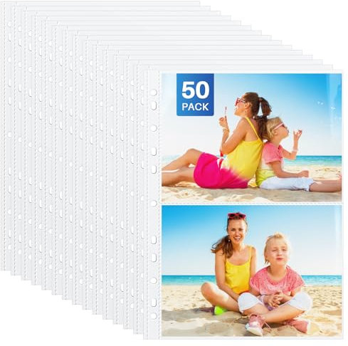 WenYa 6x8inch Photo Sleeves for A4 Ring Binder Album, Clear Double-Sided Postcard Sleeves, A5 Paper File Punched Pockets, Side Loading Photo Album Refill Pages, 2 Pockets, 50 Pack (up to 200 Photos)
