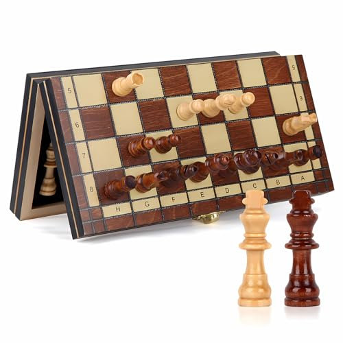 OOCOME Holz Magnetisch Schachspiel, 24 * 24cm Tragbares klappbar Reise Schachbrett, Anfänger Schach Satz mit 2 Zusätzlichen Königinnen Geliefert, Geschenk für Kinder, Kinder, Familie und Freunde