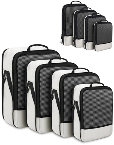 4 PCS Set Compression Packing Cubes for Travel, Lightweight Packaging Organizer Bags for Carry On Space Saving, Travel Essentials Cubes for Suitcase Backpack, Beige